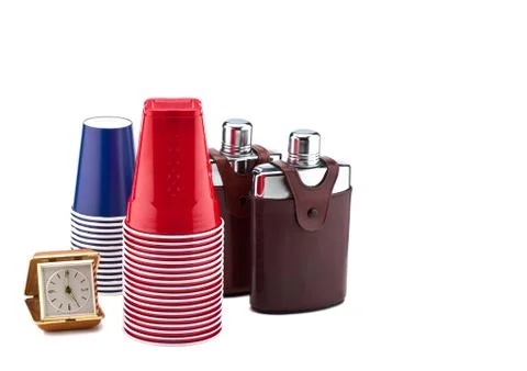 A clock, cups and flasks Foto stock