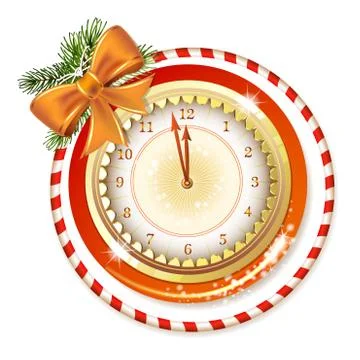 Clock decorated with Christmas bow with pine tree Stock Illustration