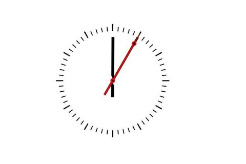 Clock, dial with a minute hand and a red second hand indicates 12 o'clock. Stock Photos