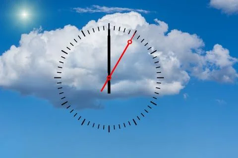 Clock, dial with a minute hand and a red second hand indicates 12 o'clock. Stockfoto's