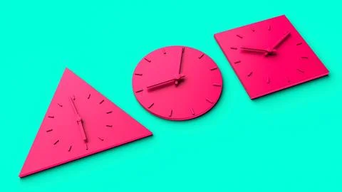 Clock in different shapes triangle circle and square 3d illustration Stock Photos