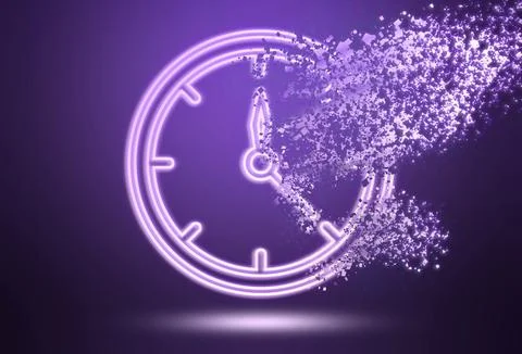 Clock dissolving on purple gradient background. Time concept Illustrazione stock