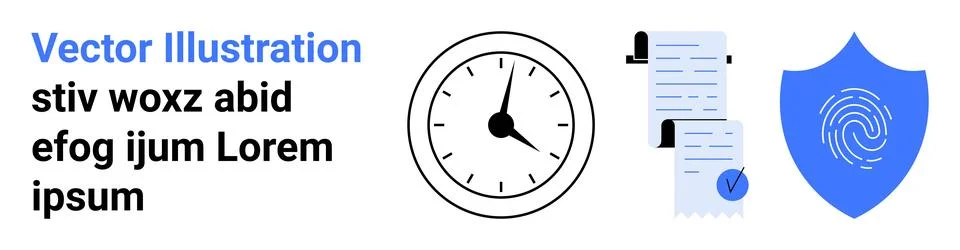 Clock, document stack with checkmark, blue security shield with fingerprint.  Illustrazione stock