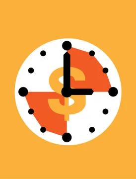 Clock with dollar sign icon in flat style, Business watch on orange backgroun Stock Illustration