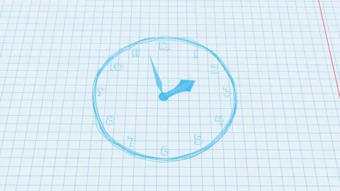 The clock is drawn by hand in a student's notebook. Stock Footage 220672026