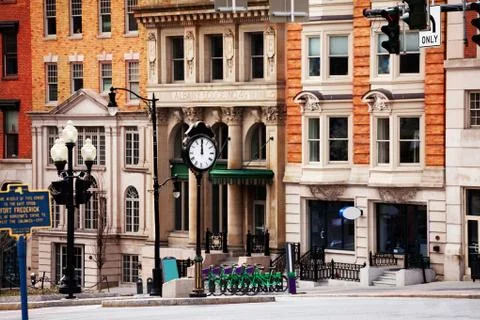 Clock on Eagle, State street intersection Albany Stock Photos