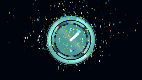 Clock emerging, confetti swirling hands advancing rings rotating breaking dial Stock Footage 310140515