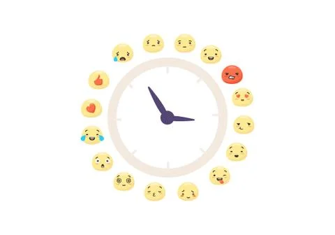 Clock emoticons of moods. Dial with arrow of characters red like with heart Stock Illustration