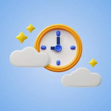 Clock face among clouds and stars, 3d rendering vector illustration isolated. Stock Illustration