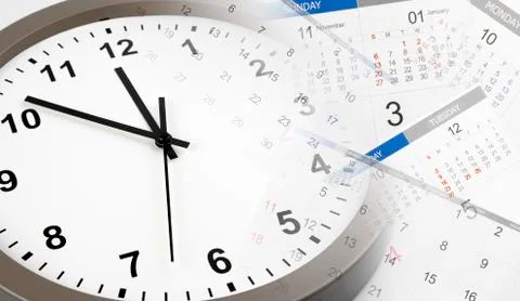 Clock face and calendars composite Stock Photos