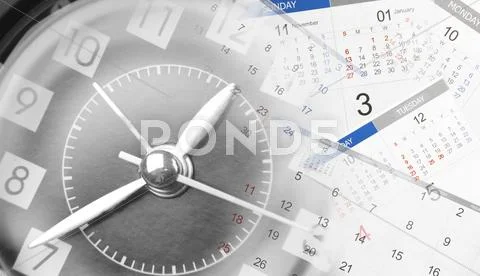 Clock face and calendars composite Stock Photos