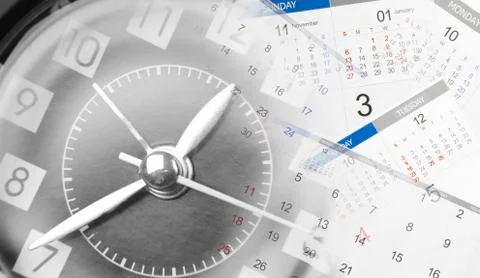 Clock face and calendars composite Stock Photos