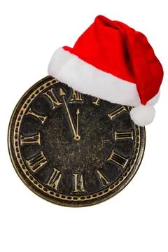 Clock face and cap of Santa Claus, isolated on white background Stock Photos