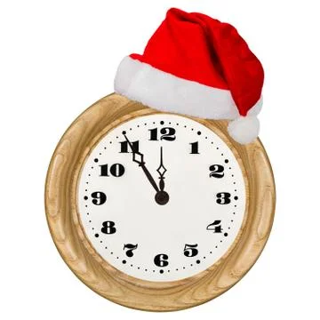 Clock face and cap of Santa Claus, isolated on white background Stock Photos