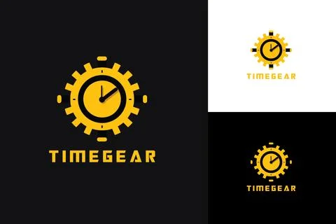 A clock face and gear-like shapes create a flat logo for a clock mechanic w.. Illustrazione stock