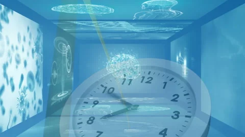 Clock face with animation over abstract blue background with digital elements Stock Footage 304079258