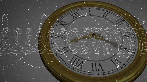 Clock face appearing triggers dotted wave oscillating, falling dots and hands Stock Footage 311454654