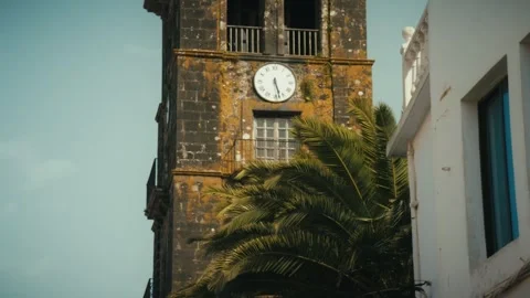 Clock Face of the Bell Tower of Iglesia de la Concepción, San Cristóbal de La Stock Footage 346009047