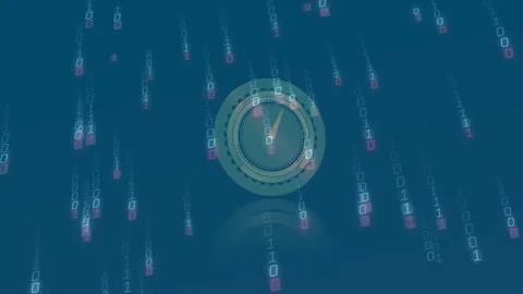 Clock face with binary code animation over blue digital background Video stock 304095483