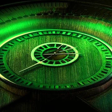 Clock face close up in green light. time concept. 3d rendering Stock Illustration