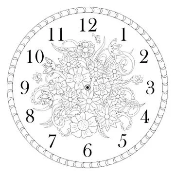 Clock face decorated with doodle flowers on white background Stock Illustration