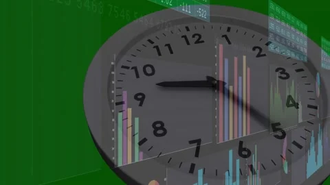 Clock face fading in, rotating, bars shifting, graphs appearing, ticker Stock Footage 317228328