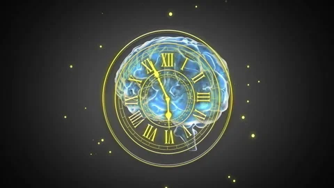 Clock face glowing with Roman numerals on blue and yellow animation background Stock Footage 304203717