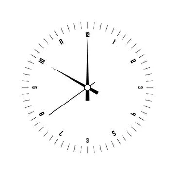 Clock face. Hour dial with numbers and hour, minute and second hand. Dashes mark Stock Illustration
