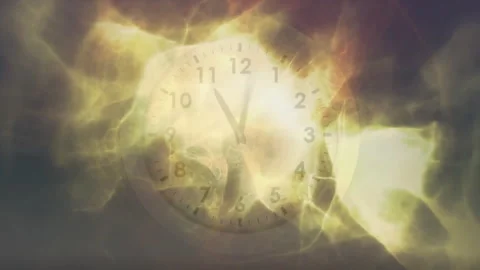 Clock face initiating nebula swirling, clock hands rotating and moon drifting Stock Footage 311901650
