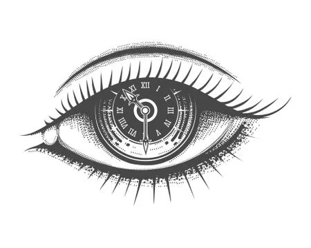 Clock face Inside Human Eye Hand Drawn Illustration Stock Illustration