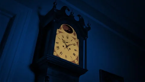 Clock Face Lights Up Haunted House Scene Stock Footage 250341432