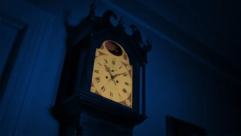 Clock Face Lights Up Haunted House Scene Stock Footage 302750181