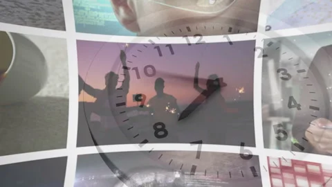 Clock face overlaying animation of digital images and binary code, symbolizing 動画素材 303536373