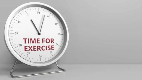 Clock face with revealing TIME FOR EXERCISE text. Conceptual 3D rendering Stock Illustration