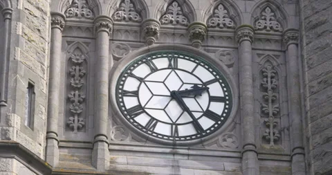 Clock face roman numerals gothic church limestone architecture Stock Footage 267731789