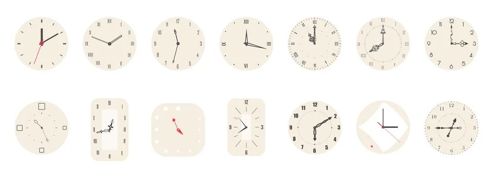 Clock face set, old classic analog clocks with Roman and Arabic numbers Stock Illustration