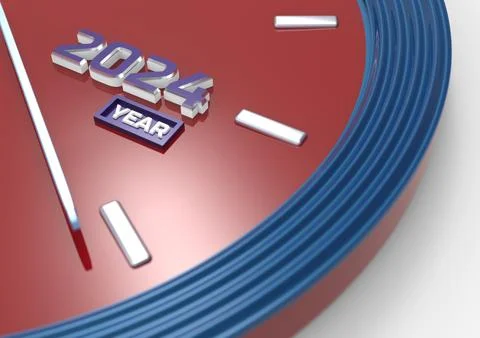 Clock face showing the new or current year 2024. 3D rendering illustration Stock Illustration