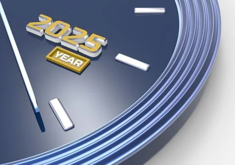 Clock face showing the new or current year 2025. 3D rendering illustration Stock Illustration