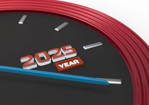 Clock face showing the new or current year 2025. 3D rendering illustration Stock Illustration