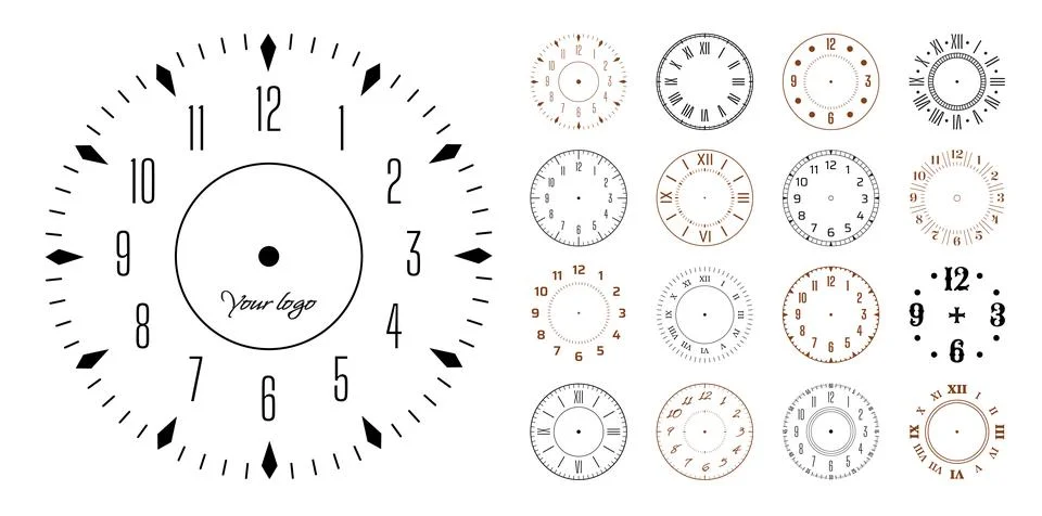 Clock face. Watch number dial template. Roman wall design. Analog circle hours Stock Illustration