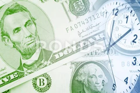 Clock faces and American currency Stock Photos