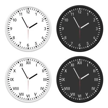Clock Faces with Arabic and Roman Numerals in Light and Dark Themes 스톡 일러스트
