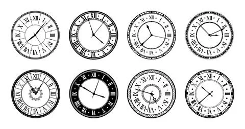 Clock faces with old watch dials and roman numbers Stock Illustration