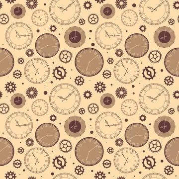 Clock faces seamless pattern. Vintage watches background, ticking time elements Illustrazione stock