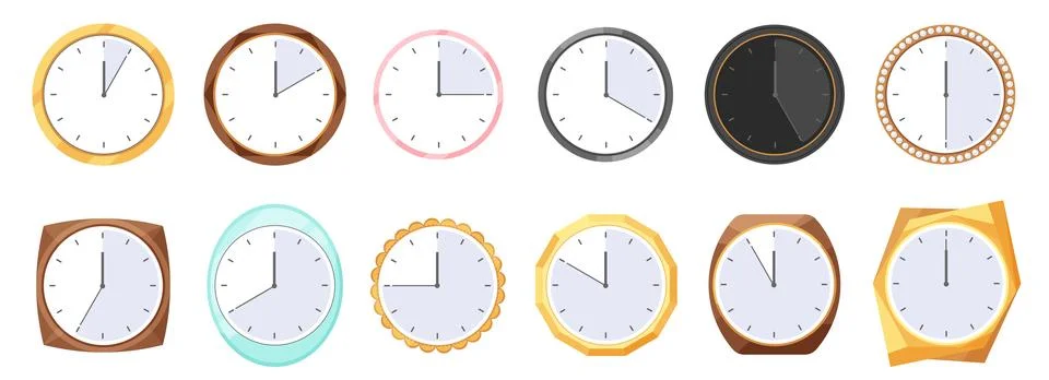 Clock faces set, wall kitchen or office clocks of different shapes and colors Stock Illustration