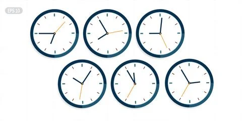 Clock faces vector set with different time settings blue and white circular Ilustração Stock