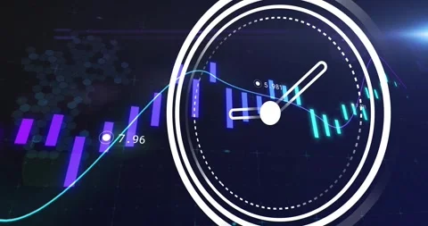 Clock fading in after delay while line graph scrolling and bars shifting to Video stock 320089069