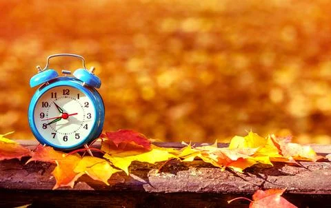 Clock with fallen leaves are on the bench Stock Photos