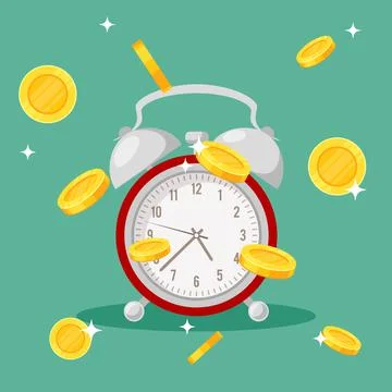 Clock with falling coins. Red retro alarm and gold coins on green background Stock Illustration