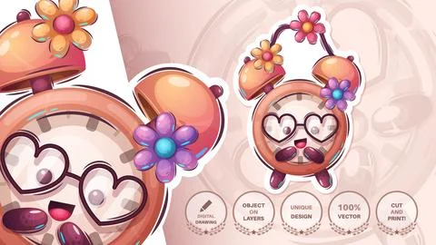 Clock in flower - cute sticker Stock Illustration